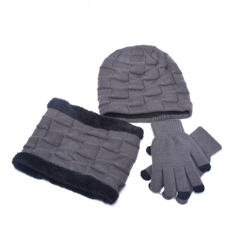 龙之情 儿童冬季三件套帽子 加绒保暖户外宝宝套头帽大童毛线帽 儿童三件套灰色
