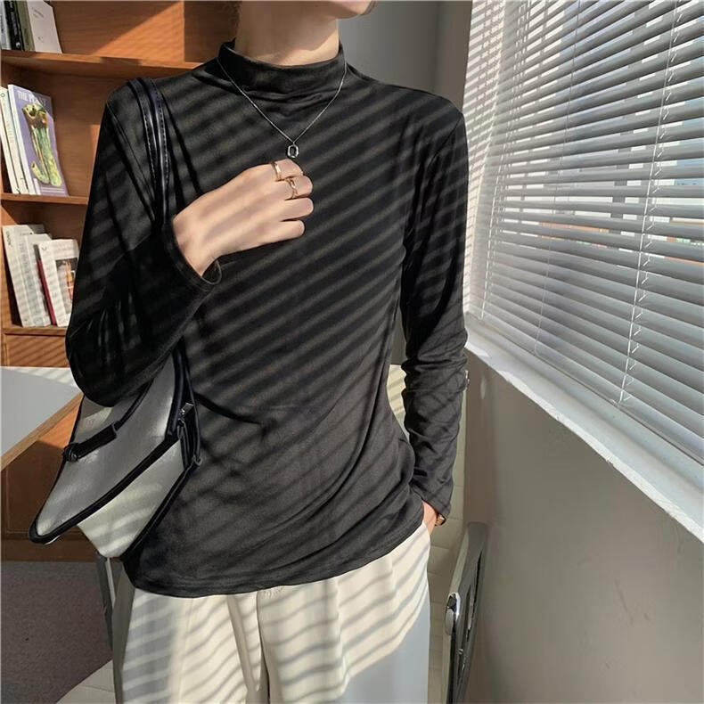 BURQAMARCH春秋季女款小清新打底衫休闲百搭面膜保暖衣气质修身显瘦长袖体恤 黑色 均码 （建议80-10斤）