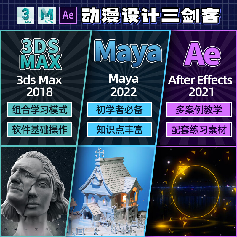 翼狐动漫设计三剑客maya 3dmax ae教程共3套绑定动画渲染二维三维场景