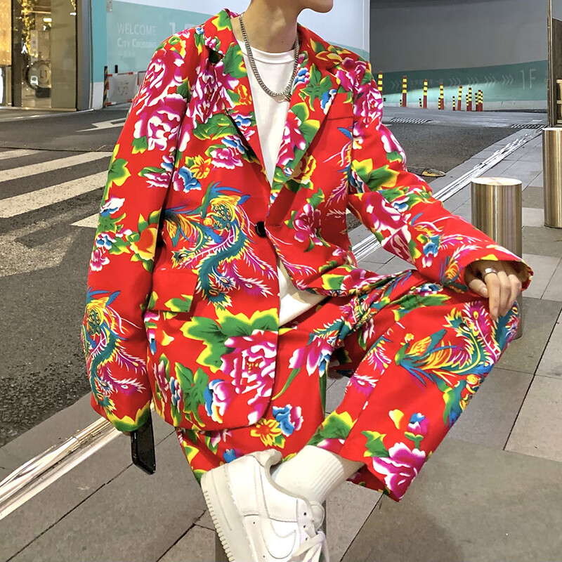 杭瑞中长款东北大花西服套装男士春秋新中式红色西装外套网红潮牌西裤