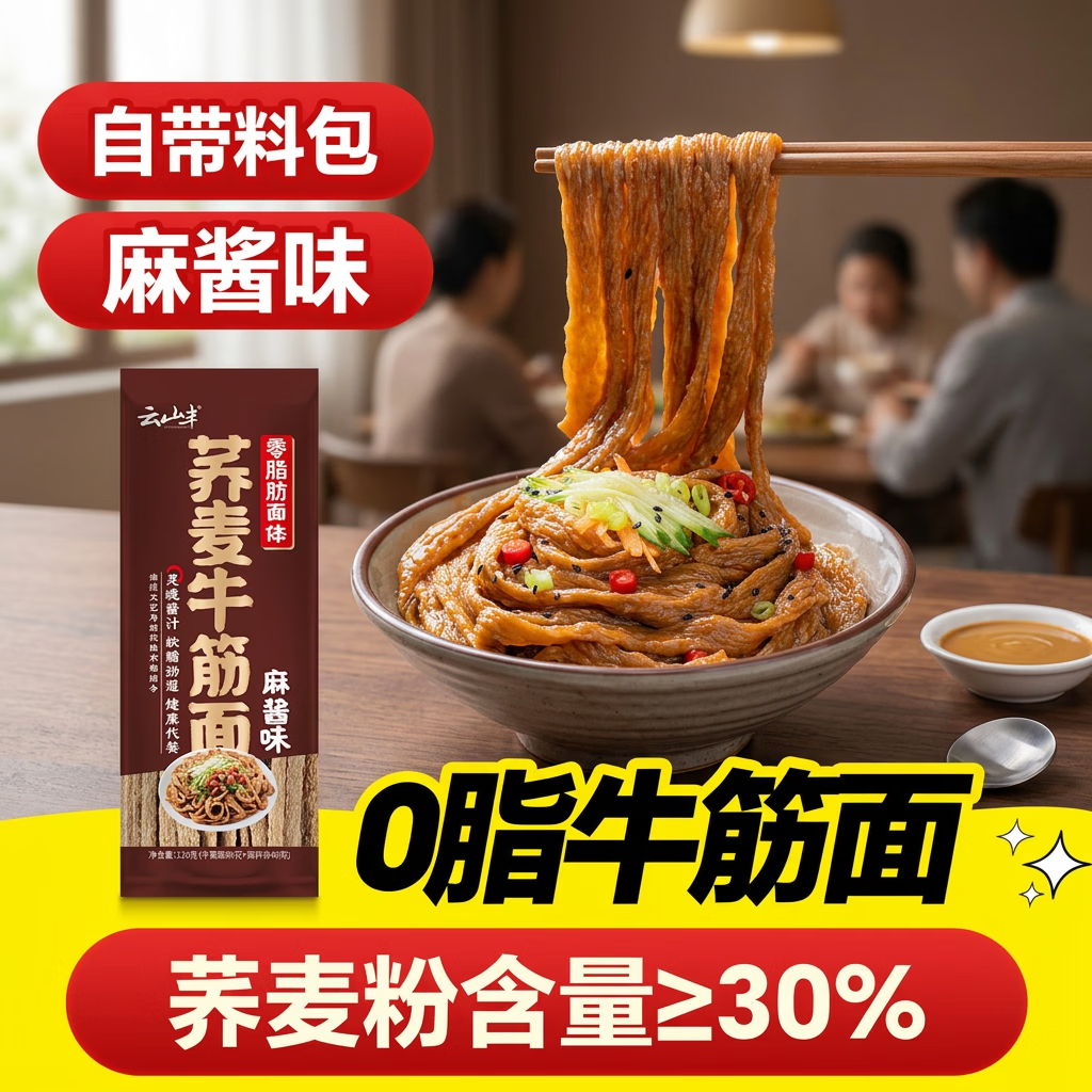 云山半荞麦牛筋面麻酱味120g0脂肪宽面筋凉皮干凉拌麻酱面皮方便面条