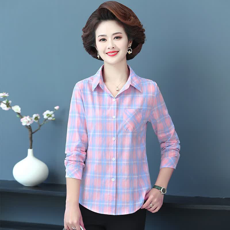 joytsie中年装妈妈长袖薄款村衫女衬衫夏中老年格子衬衣春夏季40岁50