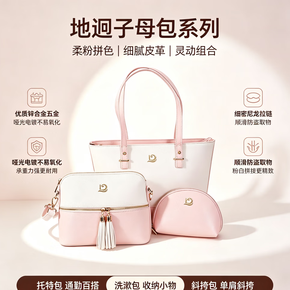 地迥品牌正品新款女包包套装大容量托特包高级感通勤单肩斜挎包 米白+暗夜黑