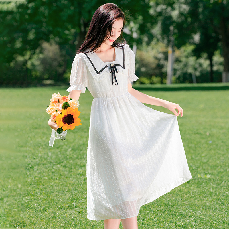 方糖姑娘少女连衣裙新款超仙夏季高中初中学生大童白色公主过膝长裙子