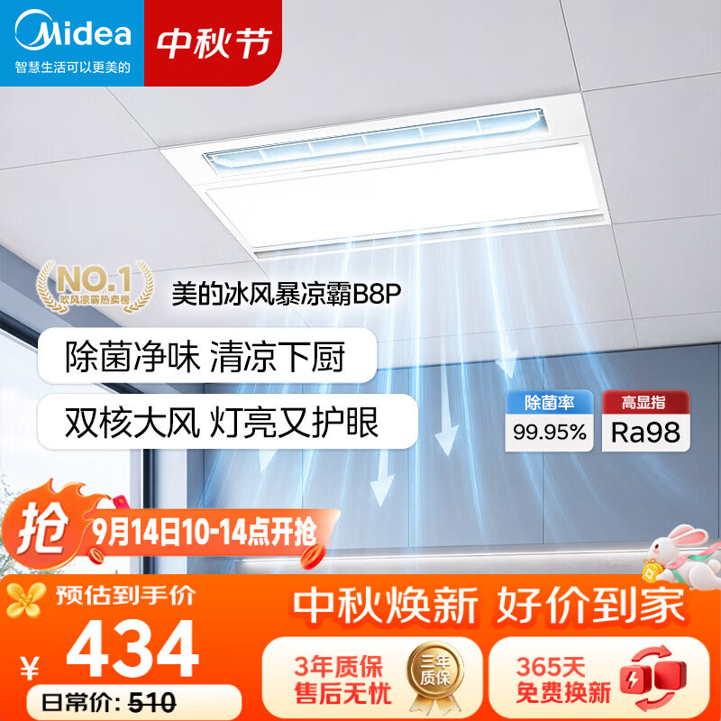 美的（Midea）凉霸厨房卫生间集成吊顶照明一体遥控排气换气吹风负离子除菌B8P