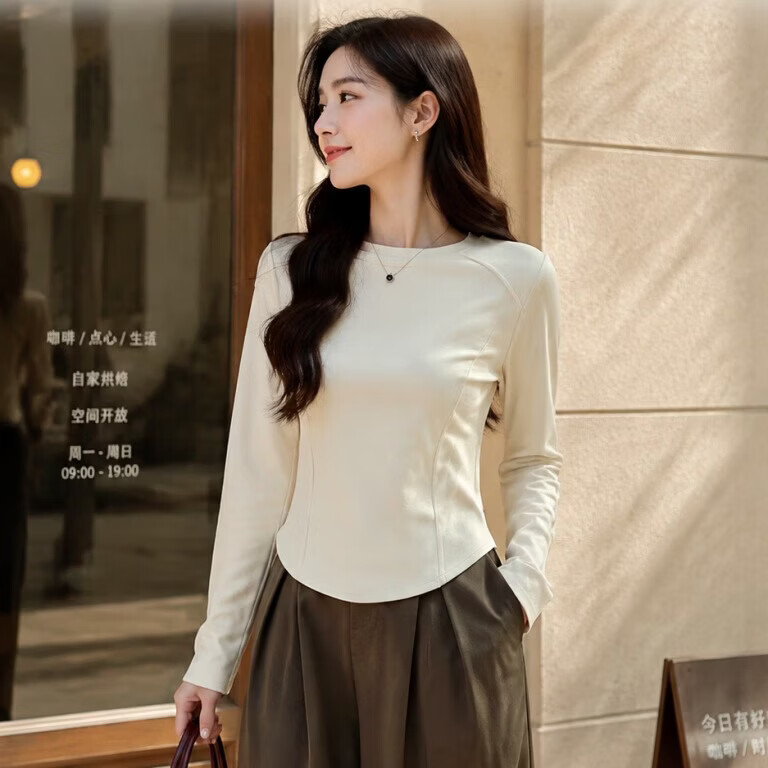 BURQAMARCH秋冬季时尚百搭显瘦腰线螺纹德绒双面磨毛鱼骨款女士打底T恤上衣 米白 L (建议90-110斤)修身版