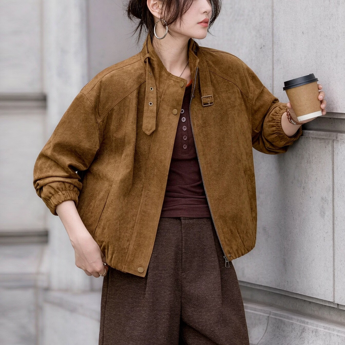 复古麂皮绒外套女2026春秋季韩版宽松拉链短款百搭休闲女夹克外套 驼色 M