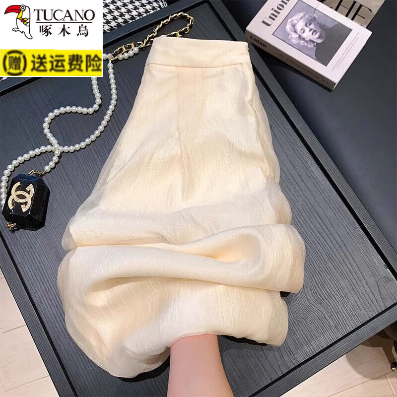啄木鸟(TUCANO)仙气薄纱阔腿裤女夏季新款2025气质高腰垂感设计宽松休闲显瘦裤子 杏色 L 110-125