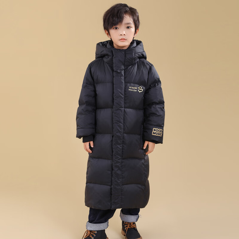 奕旗儿童长款亲子过膝加厚款羽绒服东北极寒黑金三防运动衣服童装外套 黑色 175