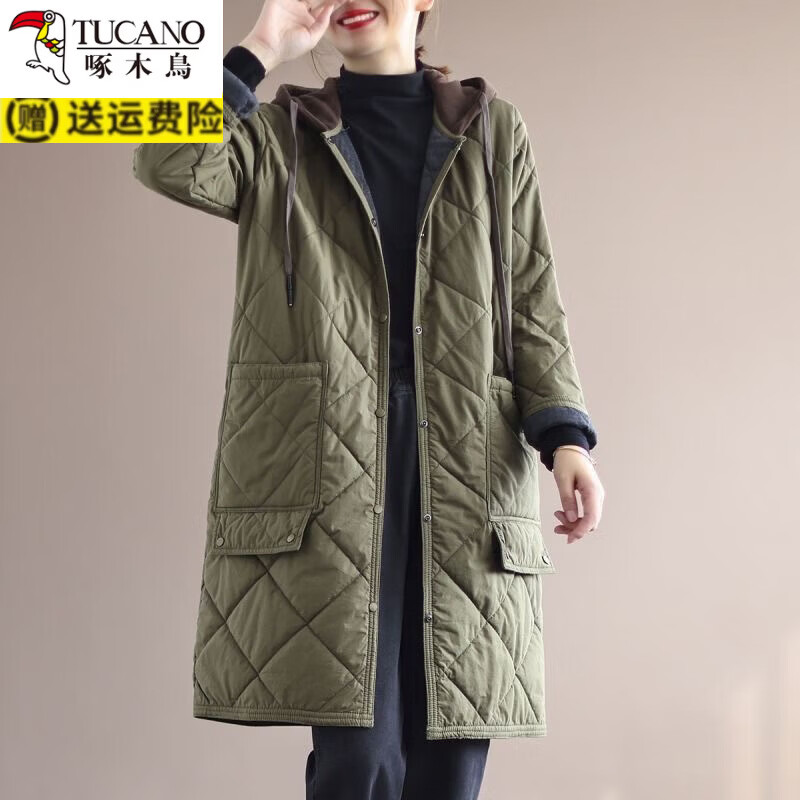 啄木鸟(TUCANO)尾单菱形格棉衣外套宽松大码休闲中长款棉服女 卡其色 L 115-125斤