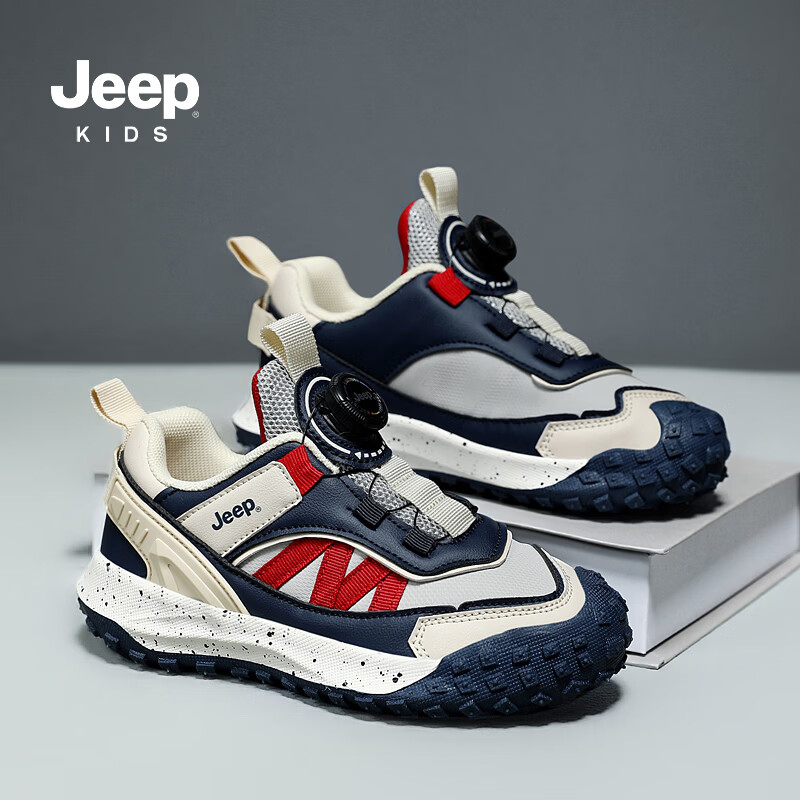 JEEP2025秋季革面运动鞋男女童耐磨板鞋学生皮面休闲鞋童鞋 米/卡其 35
