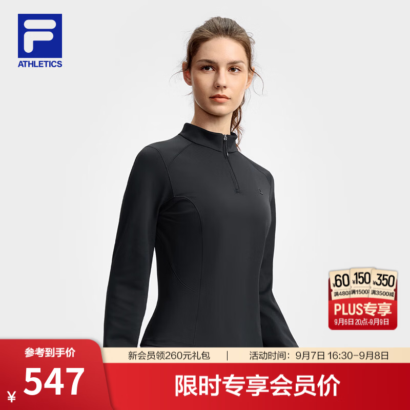FILA 斐乐冬季新款健身运动半拉链瑜伽跑步内搭加绒保暖女子长袖T恤 常规深黑-BK 2XL 180/96A/XXL