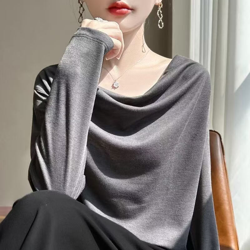 2026新款纯色宽松长袖t恤女秋装打底衫内搭上衣 棕色 (M173) 2XL (150-175)