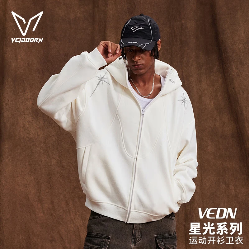 维动(VEIDOORN)捷风连帽卫衣加绒运动休闲投篮青少年男女秋冬加厚美式外套V 天星白 XL