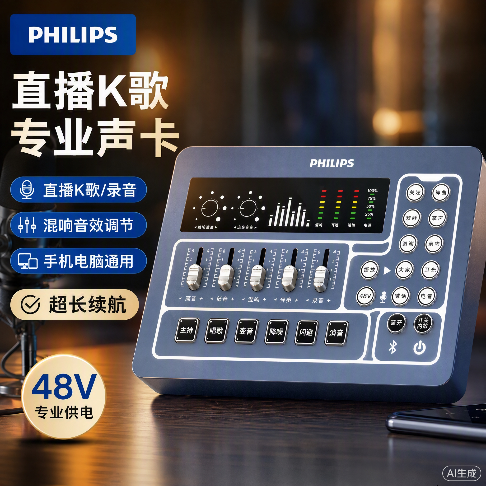 飞利浦（PHILIPS）手机电脑通用声卡专业直播设备Ai降噪HiFi音质内置锂电长续航华为苹果即插即用室内户外便携一直播 3031声卡标配【送华为苹果通用OTG线】