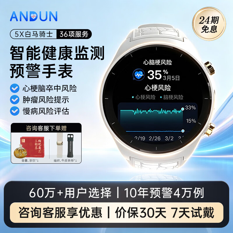 安顿生命预警表新品5X智能健康预警手表心梗脑卒中风险趋势监测手表心率血氧健康手表送父母老人礼物 5X白马骑士-云雾白+赠表带-36项服务 京仓发