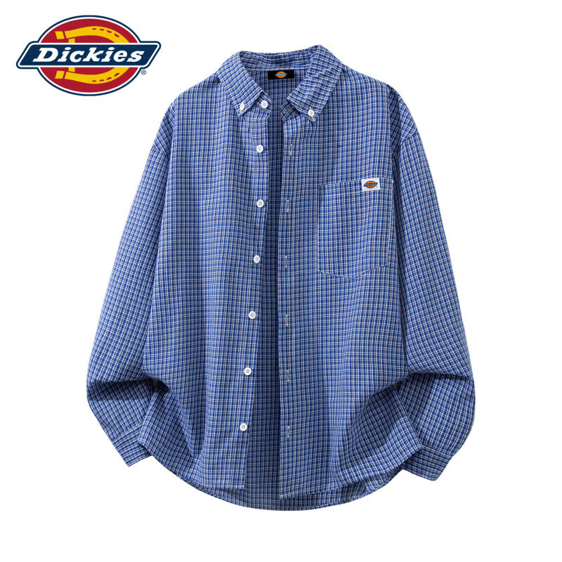 Dickies港式复古休闲长袖衬衫男士2026秋季新款宽松格子时尚百搭上衣服装 蓝色 【官方正品】 L 【建议110-130斤】