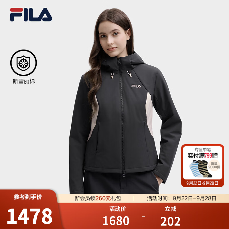 FILA 斐乐官方女士棉服2026冬新款休闲拼色连帽外套修身保暖上衣 碳素黑灰-CC L 170/88A/L