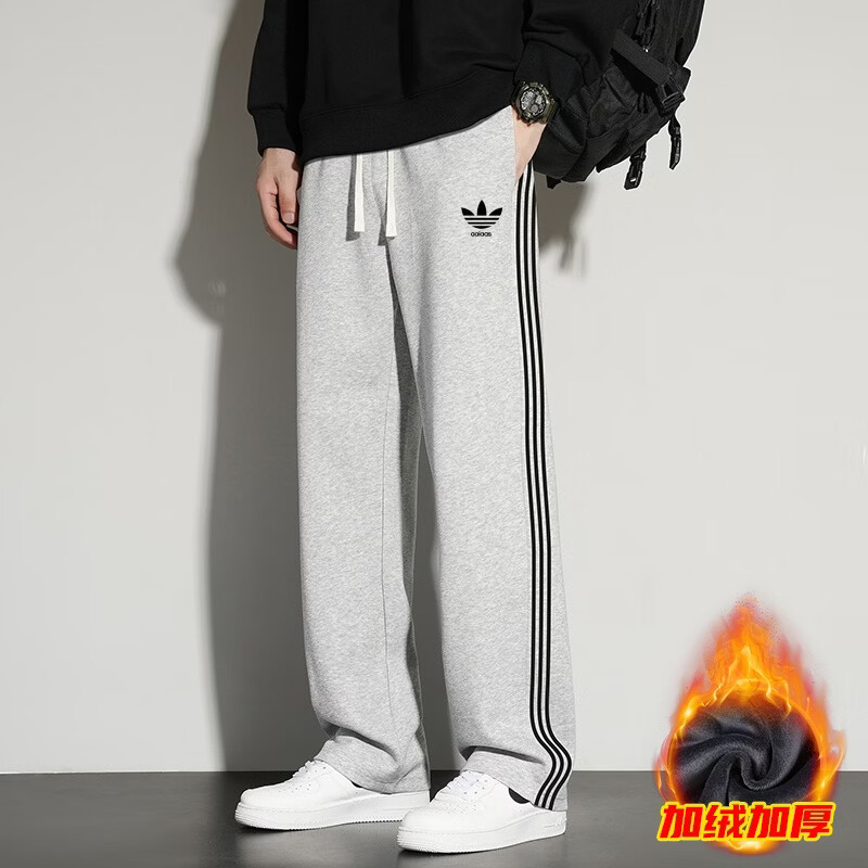 ADDSENSE1:1正标发货三条杠春秋冬季运动裤男女款宽松直筒棉百搭休闲卫裤 灰色【冬季款】 M 建议体重90~110斤 京东折扣/优惠券