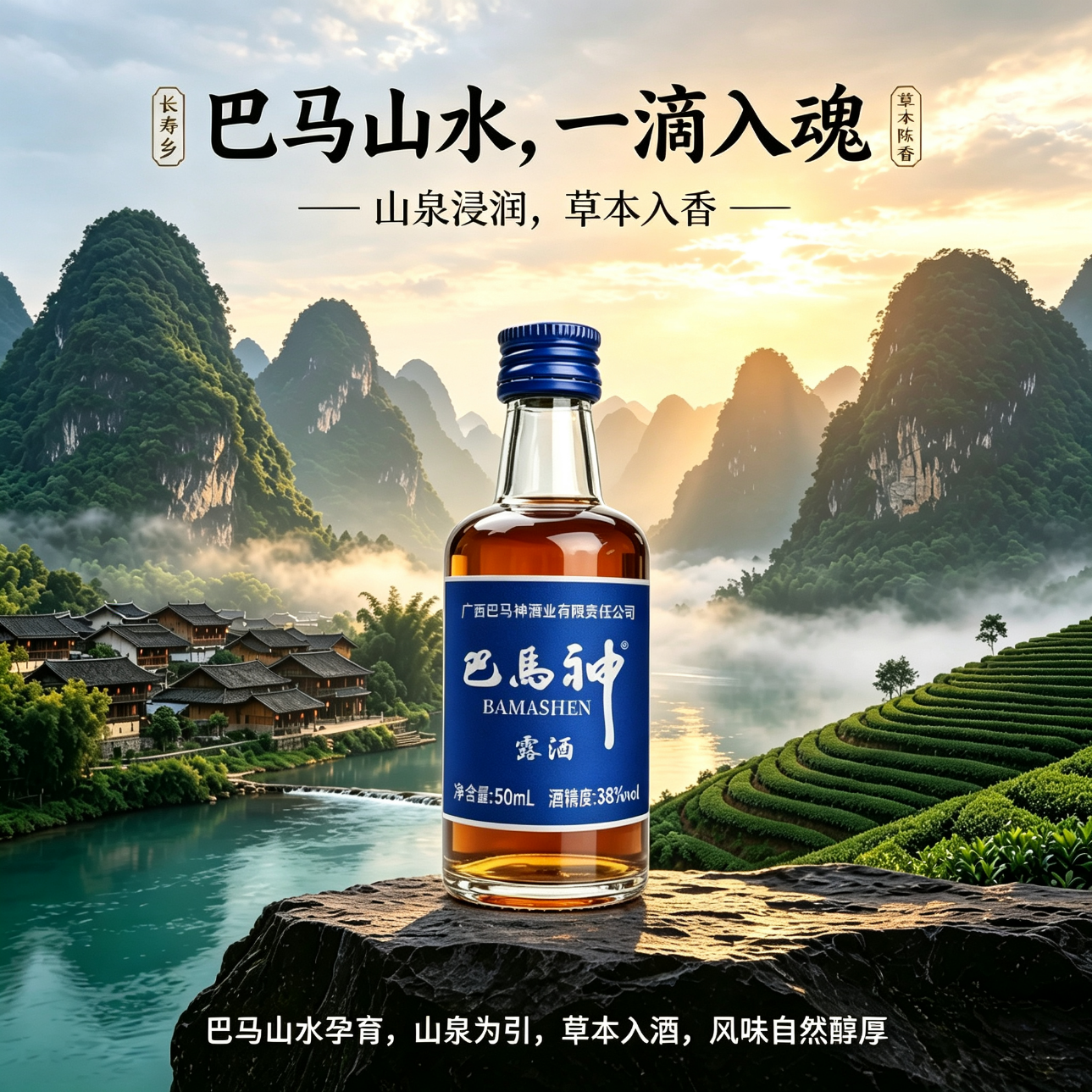 巴馬神露酒38度广西巴马山泉米米香型白酒小酒草本浸泡黄精聚会送礼礼品 38%vol 50mL 6瓶 阖家欢乐