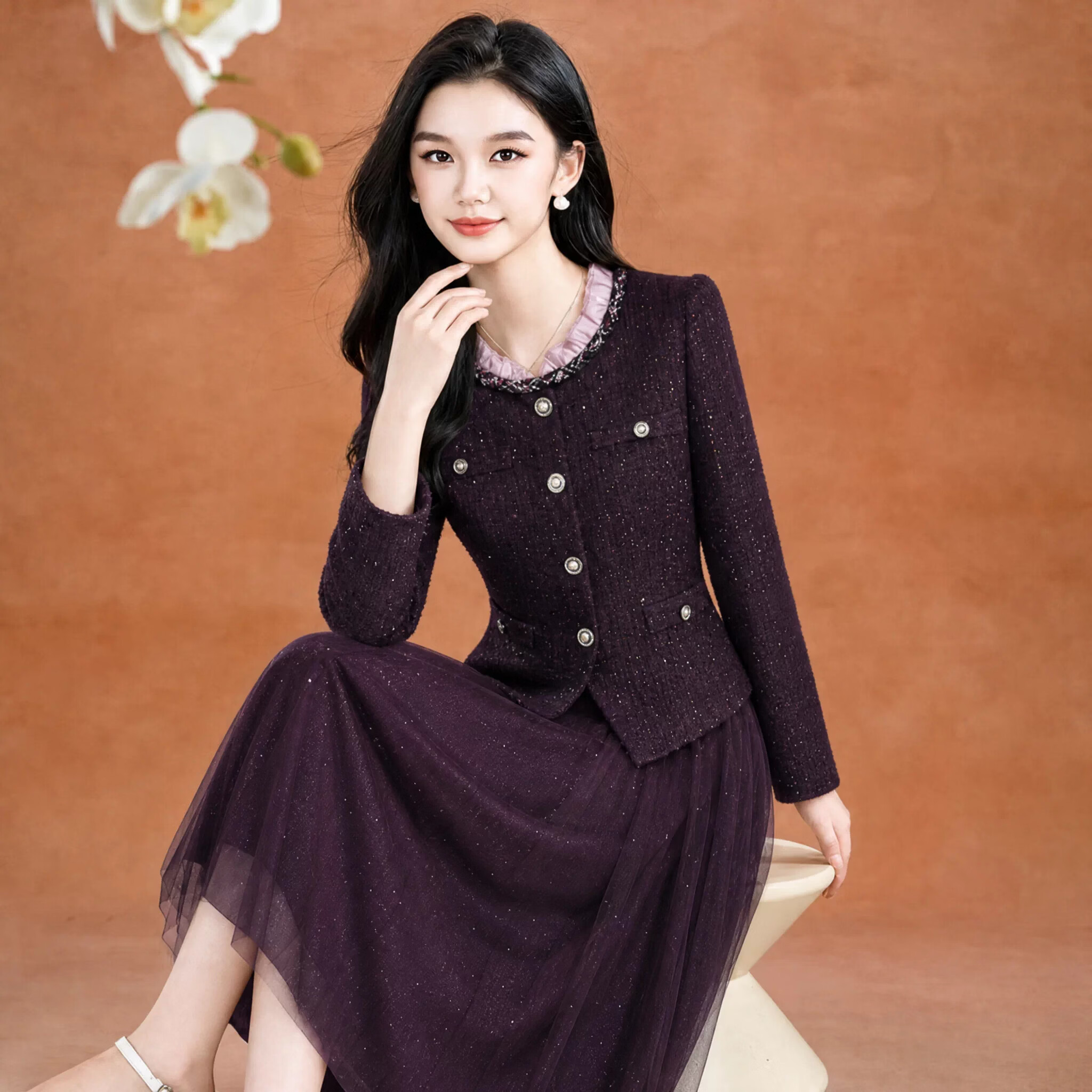 香影芬紫色网纱连衣裙女2026新款爆款秋冬小香风套装喜妈妈礼服高端级感 图片色 XL (建议115-125斤)