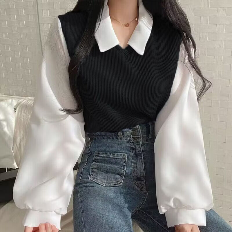 BURQAMARCH春秋季新款假两件设计感长袖上衣女士宽松百搭polo衫时尚休闲T恤 黑色 (假两件设计) M (建议97-108斤)