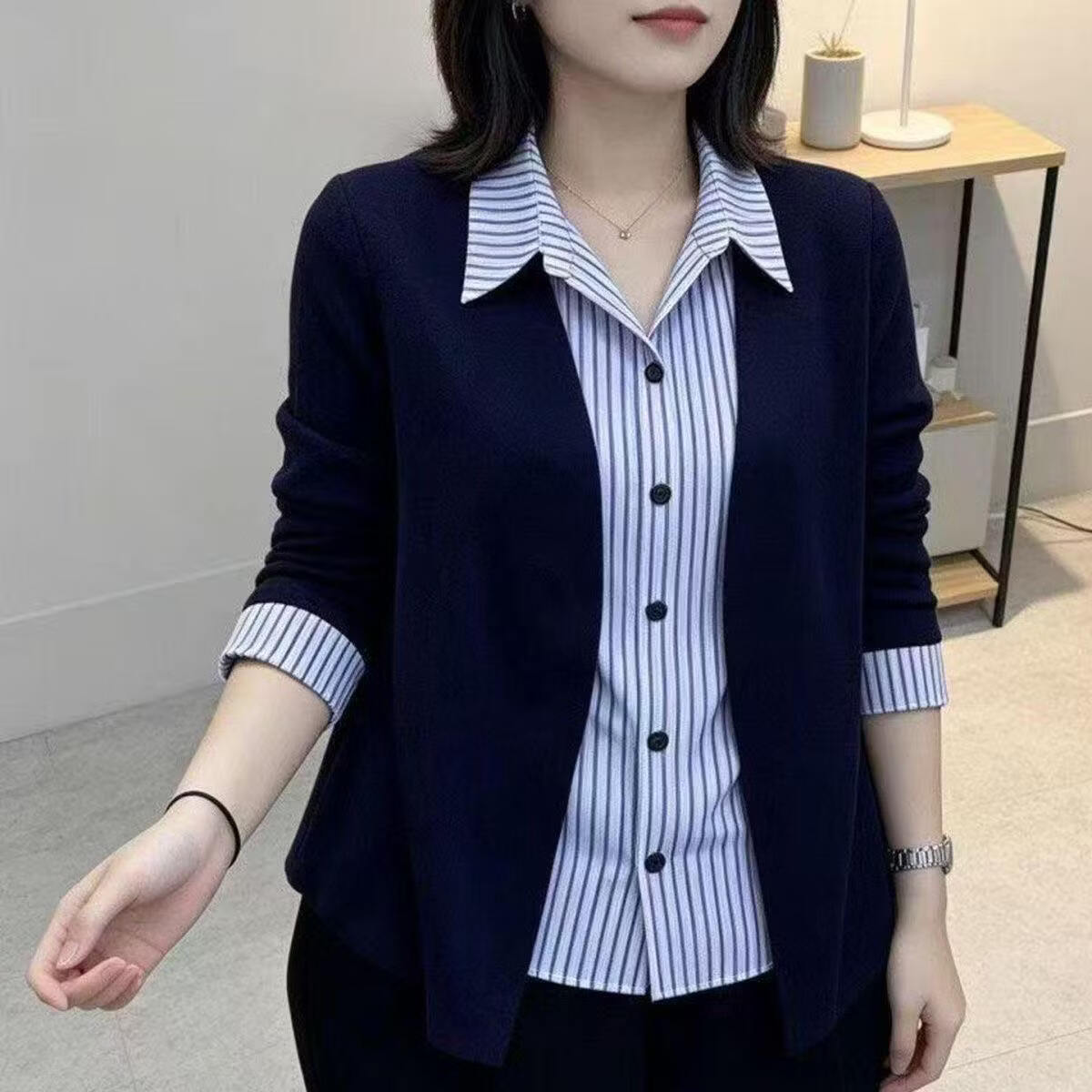 春秋新款时尚假两件翻领开衫上衣洋气显瘦气质百搭衬衣小衫LLY 蓝色 2XL 120-130斤