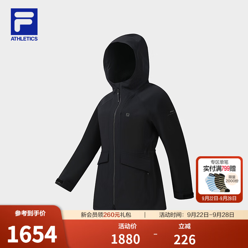 FILA 斐乐官方女士梭织外套2026冬新款健身运动舒适加绒连帽上衣 深黑-BK M 165/84A/M