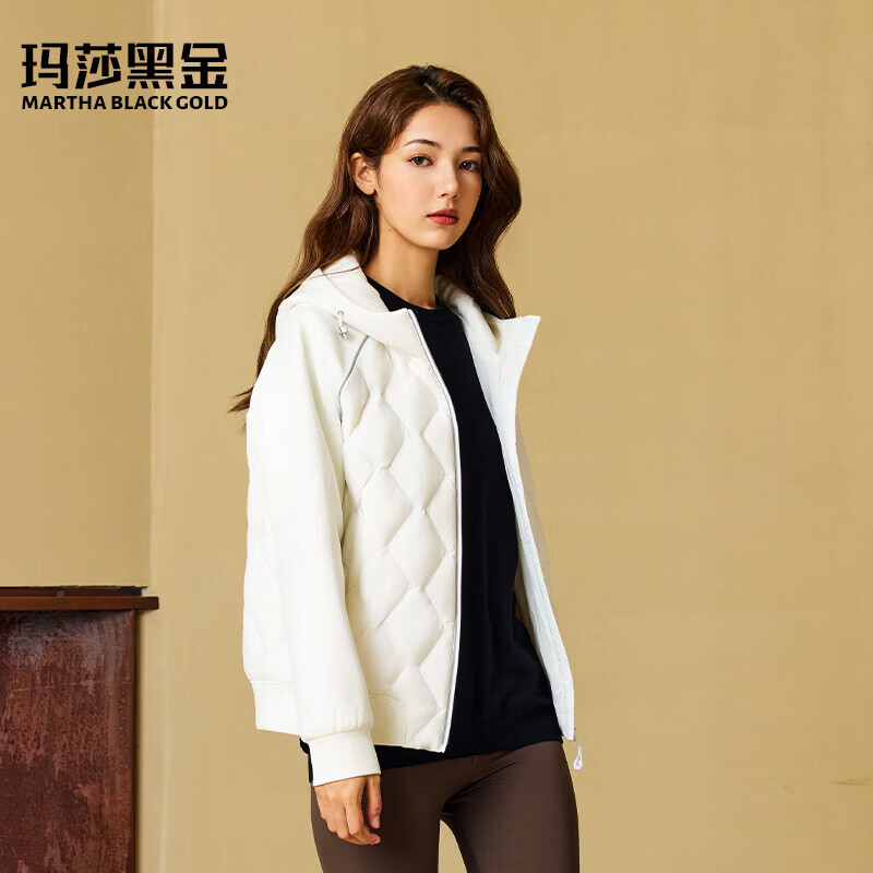 玛莎黑金【95鸭绒｜菱形格拼接】轻薄短款羽绒服女连帽情侣款冬季保暖外套 白色 【95鸭绒｜男女通用】 S (165)