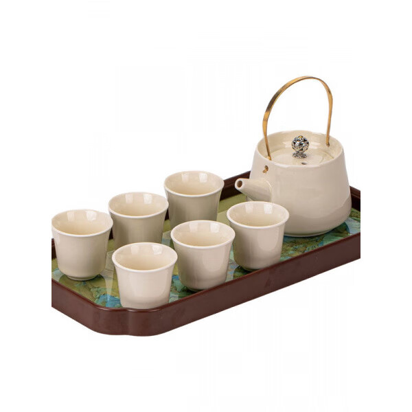 提梁壶茶具整套功夫套装家用陶瓷茶壶茶杯轻奢高档泡茶器玻璃托盘 HB墨绿色提梁壶+2杯+长方千里江山玻璃托盘 1件