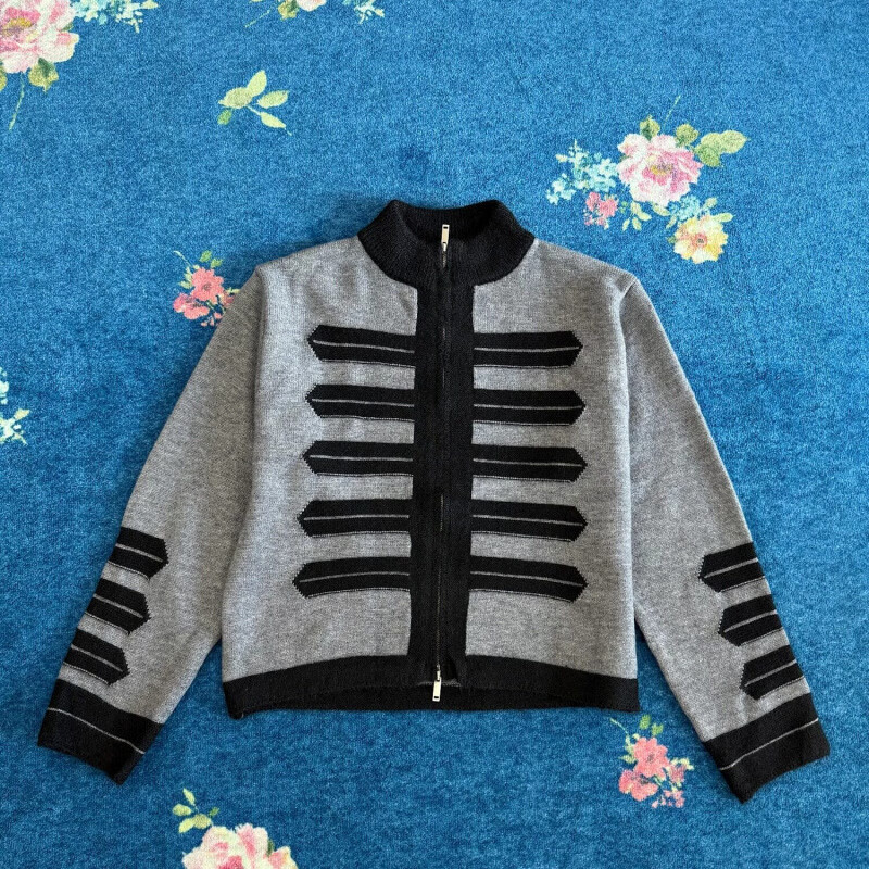 恋舒柔美式复古拿破仑宫廷风半高领拉链针织衫男女秋冬季感撞色毛衣 灰色 2XL