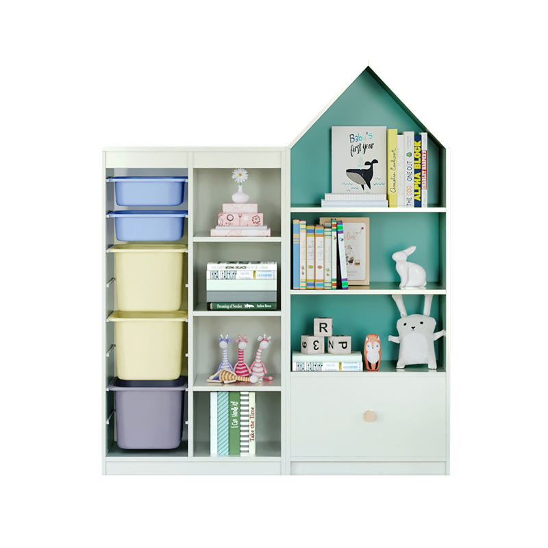 可比熊 实木书架整理架玩具收纳架置物柜大容量宝宝玩具架幼儿园玩具柜 半盒柜+尖顶柜-蓝绿背板 长度125.7CM