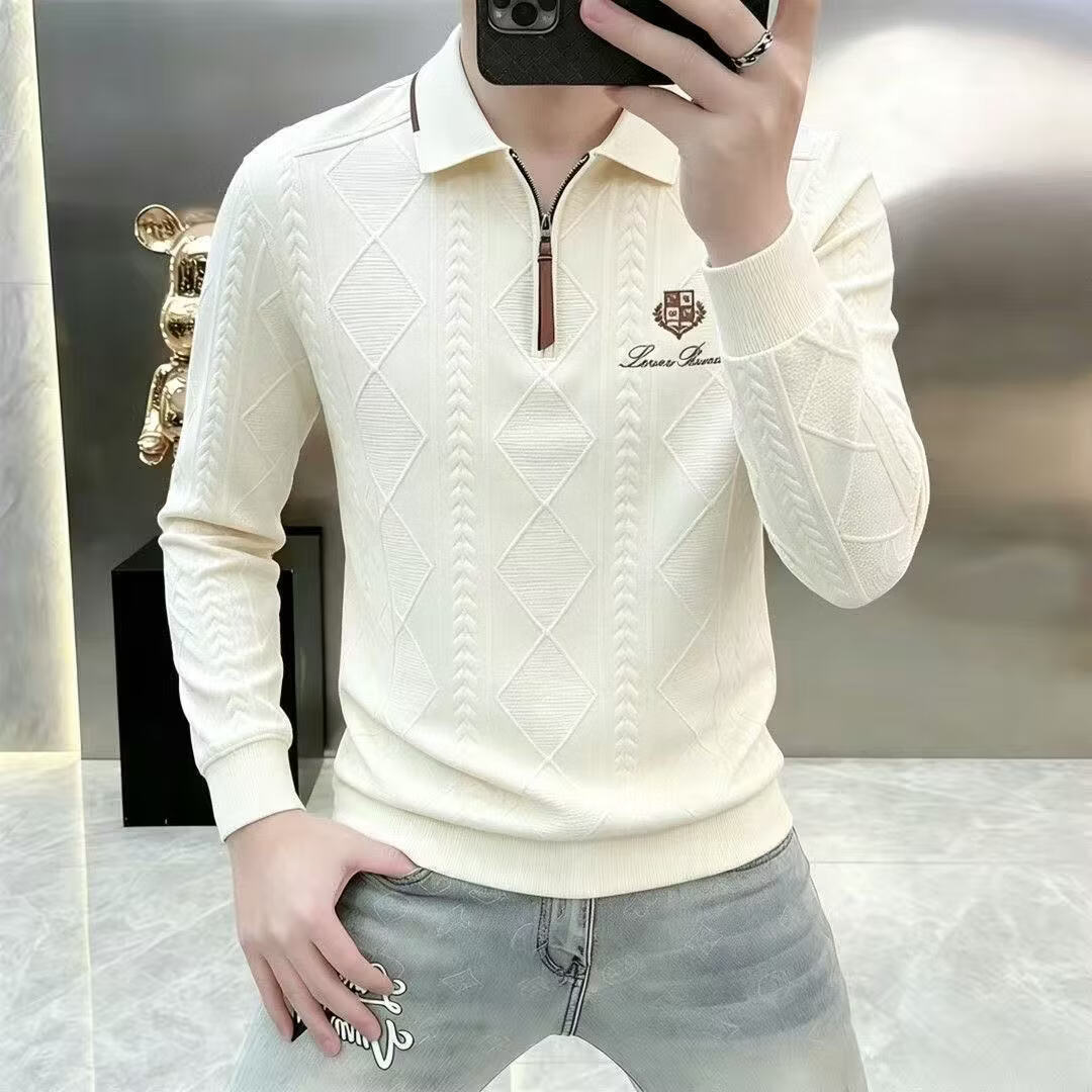 秋季男士半拉链翻领卫衣欧货菱格提花针织Polo衫轻奢刺绣长袖上衣 杏色半拉链卫衣 XL 建议120-140斤