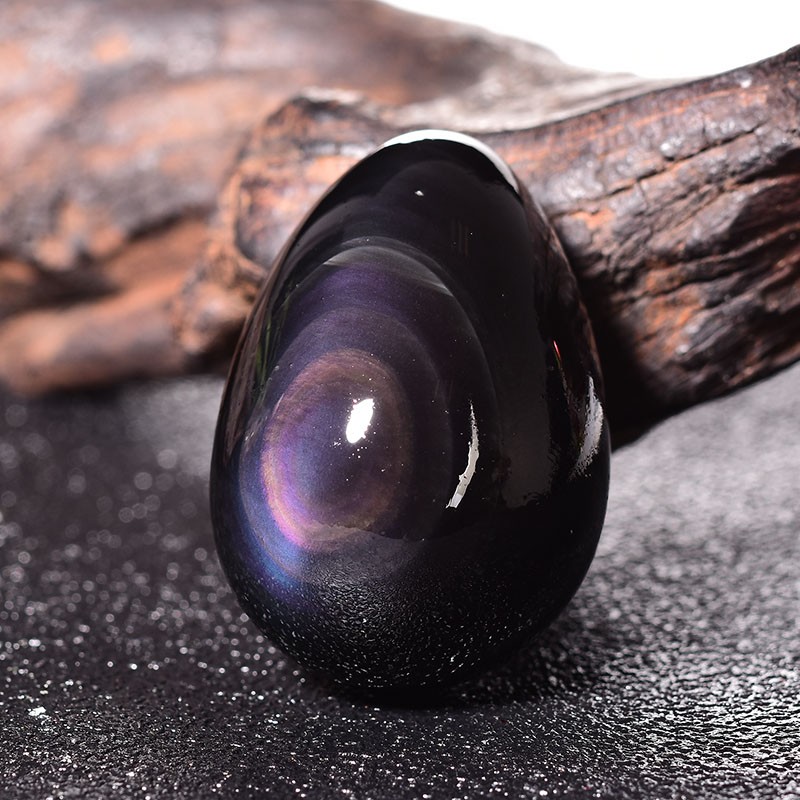 顶盈 天然彩虹眼黑耀石裸石 玛瑙原石把玩摆件 黑宝石石手把件男士