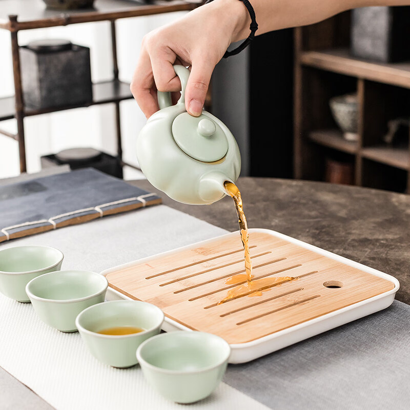 家用简约茶具套装小一壶四杯功夫泡茶壶会客宿舍干泡蓄水盘 黑紫砂一壶四杯+白盘+静罐