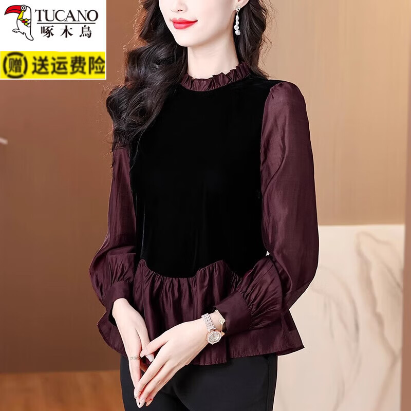 啄木鸟(TUCANO)法式金丝绒上衣女长袖衬衣2025春秋冬新款妈妈收腰打底衫裙摆衬衫 深棕色 2XL