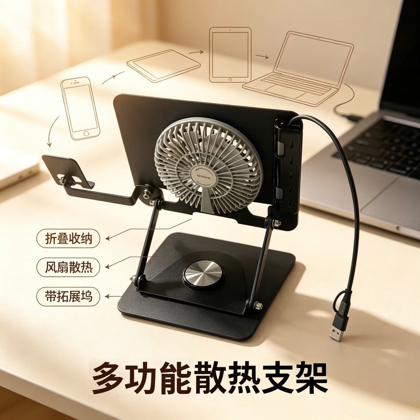 RLRZ金属笔记本电脑支架可旋转桌面立式升降悬空多功能二合一手机电脑同屏支架一体平板电脑支撑架散热 支架+手机支架+拓展坞+风扇4合1