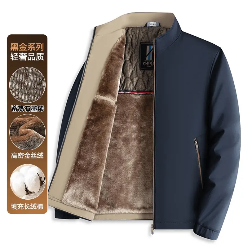 【黑金加绒】中老年冬季新款男立领夹克加厚爸爸保暖外套K3-B104 蓝色 3XL 160-180斤