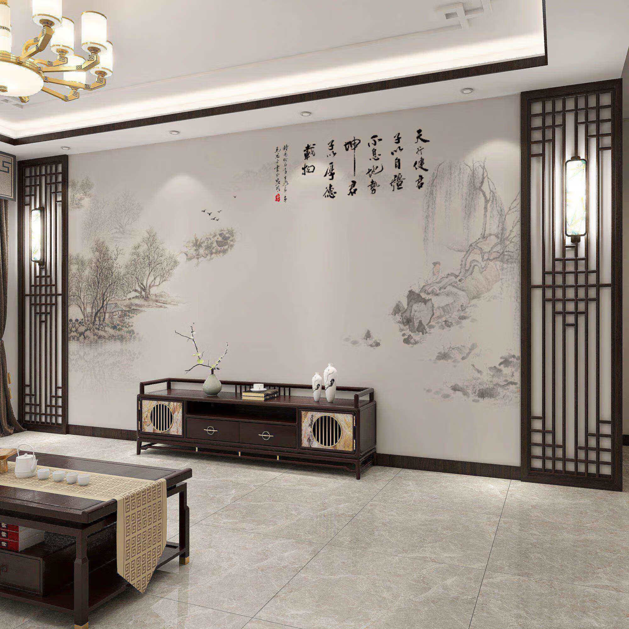 中式水墨山水壁画电视背景墙客厅影视墙沙发墙纸 无缝无纺布[透气性好