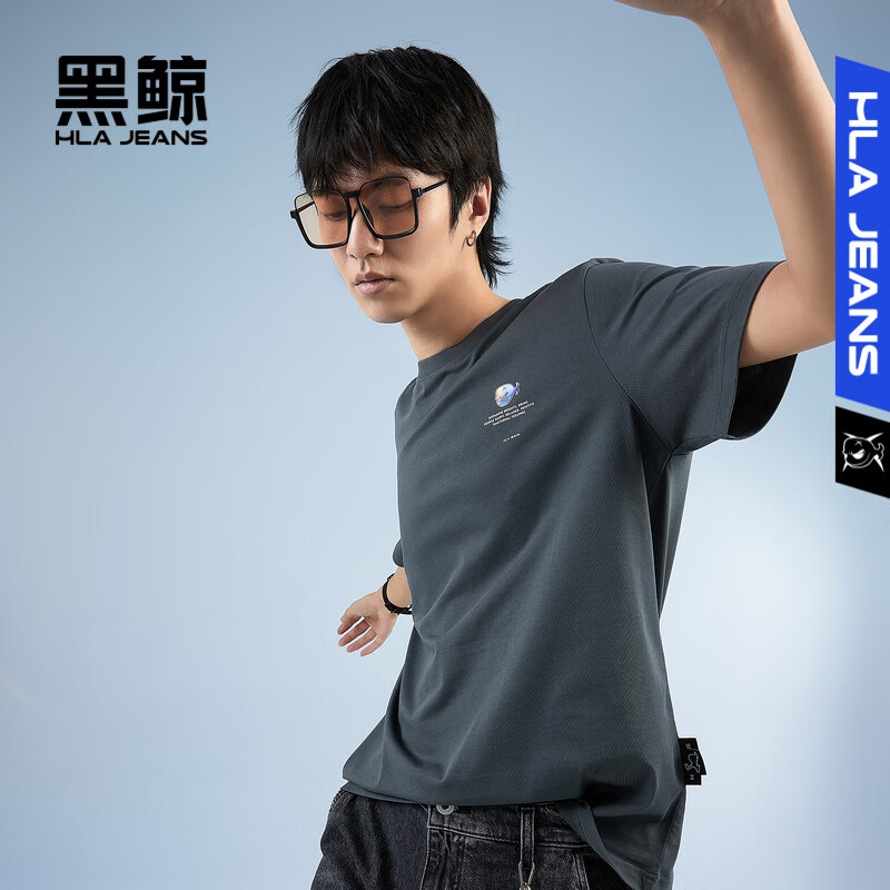 黑鲸【海澜之家旗下】多色休闲短袖T恤男夏季圆领套头衫男短t舒适微阔 中灰66 175/92A(L) 推荐69-75kg