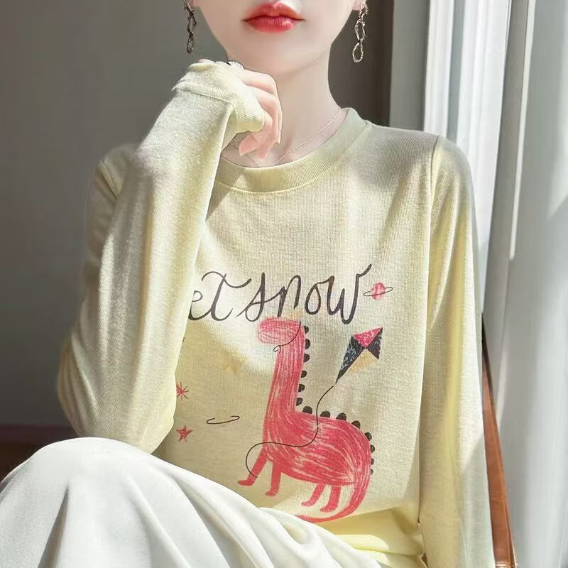 圆领长袖t恤女秋装宽松百搭印花显瘦休闲打底上衣 白色 2XL (150-175)