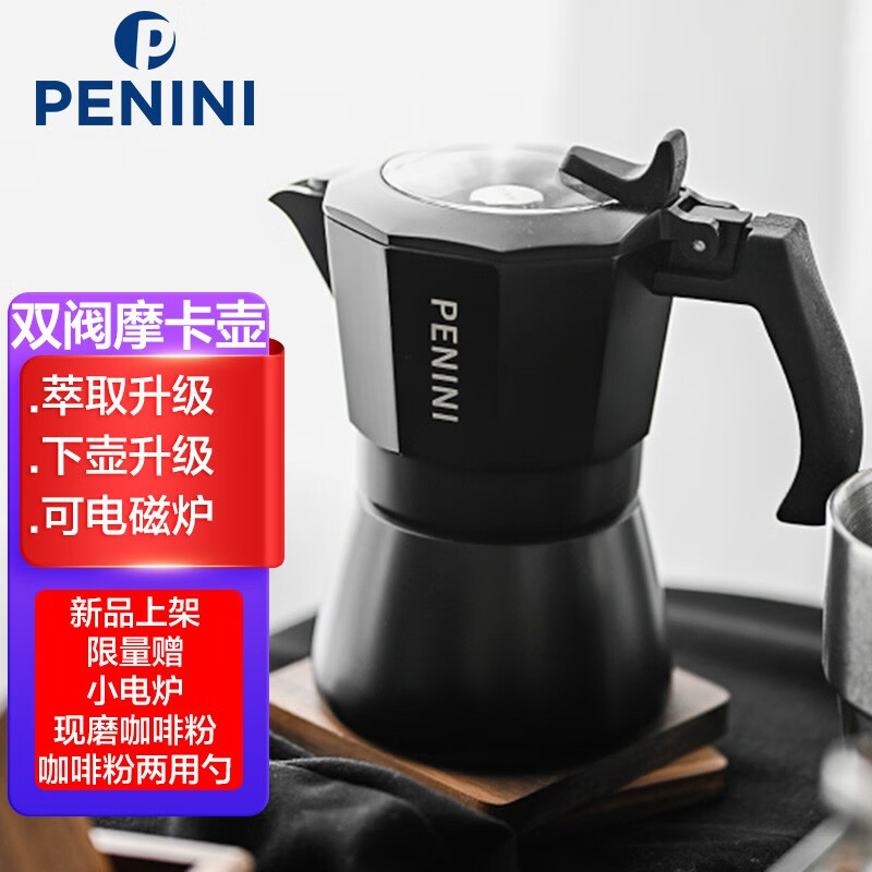 Penini 双阀摩卡壶 手冲咖啡壶家用意式浓缩滴滤煮咖啡粉壶户外露营野营煮滴滤 双阀2人份-黑色