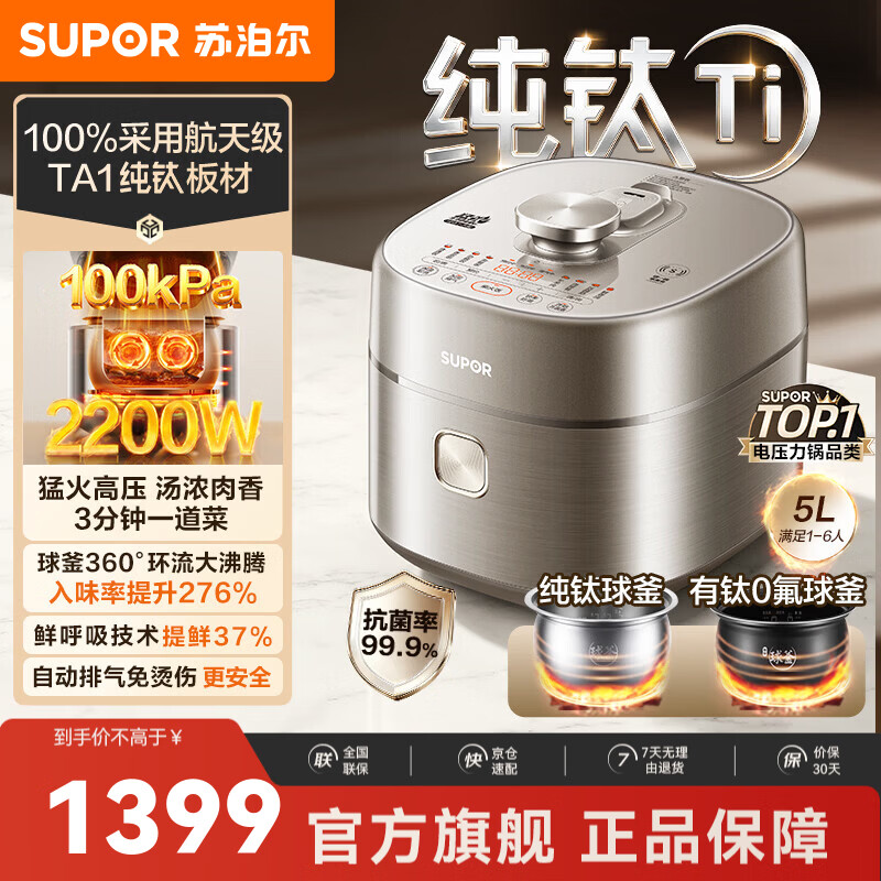 苏泊尔（SUPOR）电压力锅电高压锅电饭过多功能锅 加油5L大容量纯钛球釜内胆+有钛0氟球釜双内胆电压力锅 【100%纯钛板材】 5L