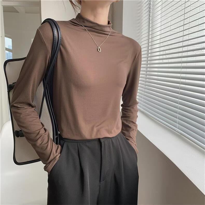 BURQAMARCH春秋季女款小清新打底衫休闲百搭面膜保暖衣气质修身显瘦长袖体恤 【3件装】白色+黑色+咖啡色 均码 （建议80-10斤）