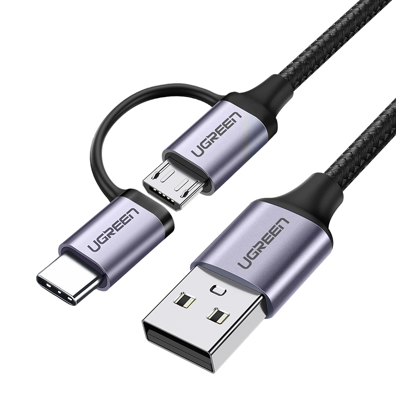 绿联安卓/Type-C二合一数据线多功能USB-C充电线通用vivo华为Mate40Pro/30/P20/荣耀9小米8手机1米30875