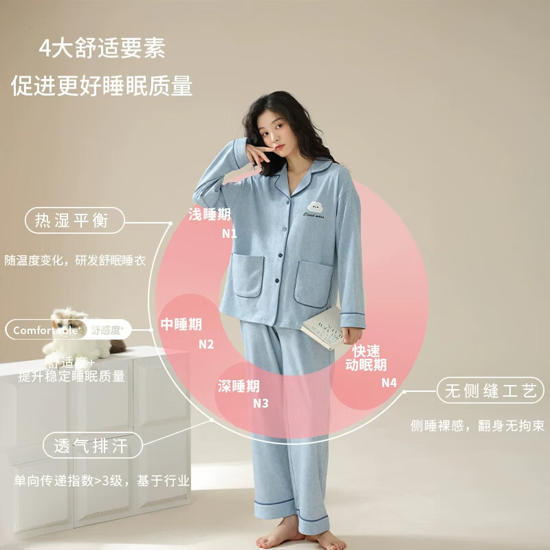 猫人纯棉睡衣女带胸垫春秋新款长袖翻领高级可外穿家居服大码套装 杏绿色【纯棉亲肤 | 自带胸垫】 L 推荐体重100-120斤