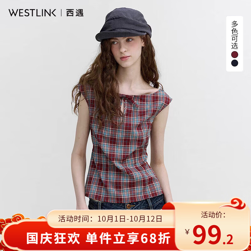 西遇（Westlink）复古格纹一字肩无袖衬衫女2026夏季新款镂空船领收腰显瘦上衣 红色 S (155)