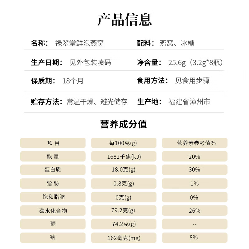 禄翠堂即食燕窝 速泡干燕窝 8分钟 25.6g(3.2g*8碗)中秋节送礼礼盒 3.2g*8罐