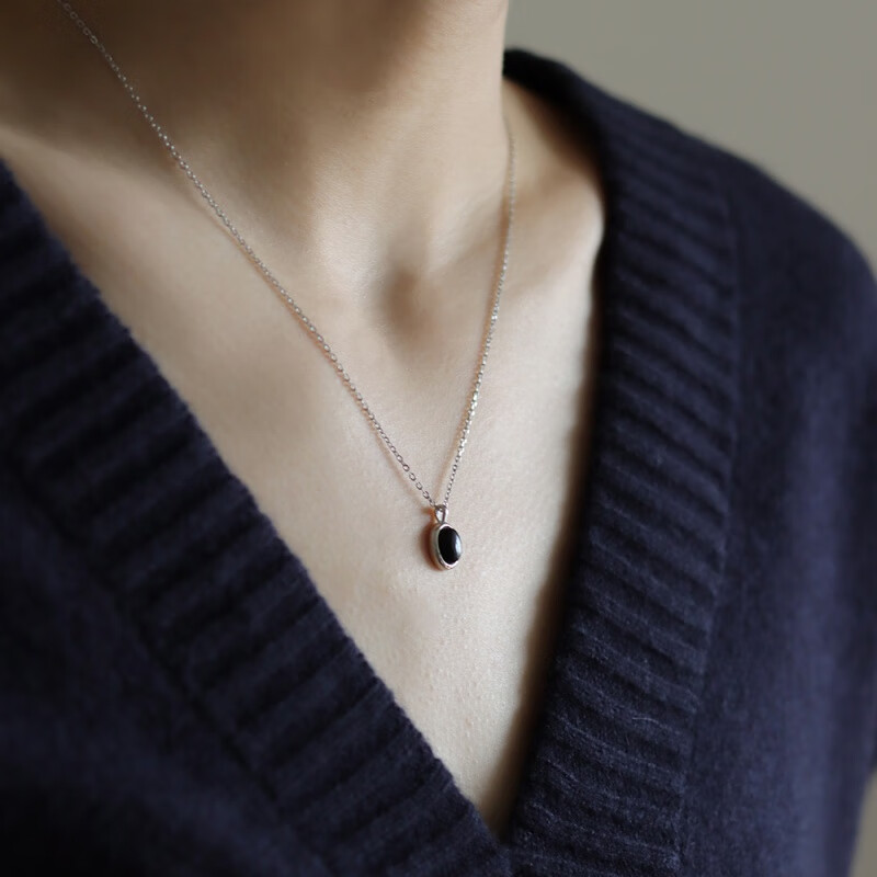 语森忆i黑玛瑙宝石吊坠项链女小众设计感锁骨链复古925 黑宝石项链 黑
