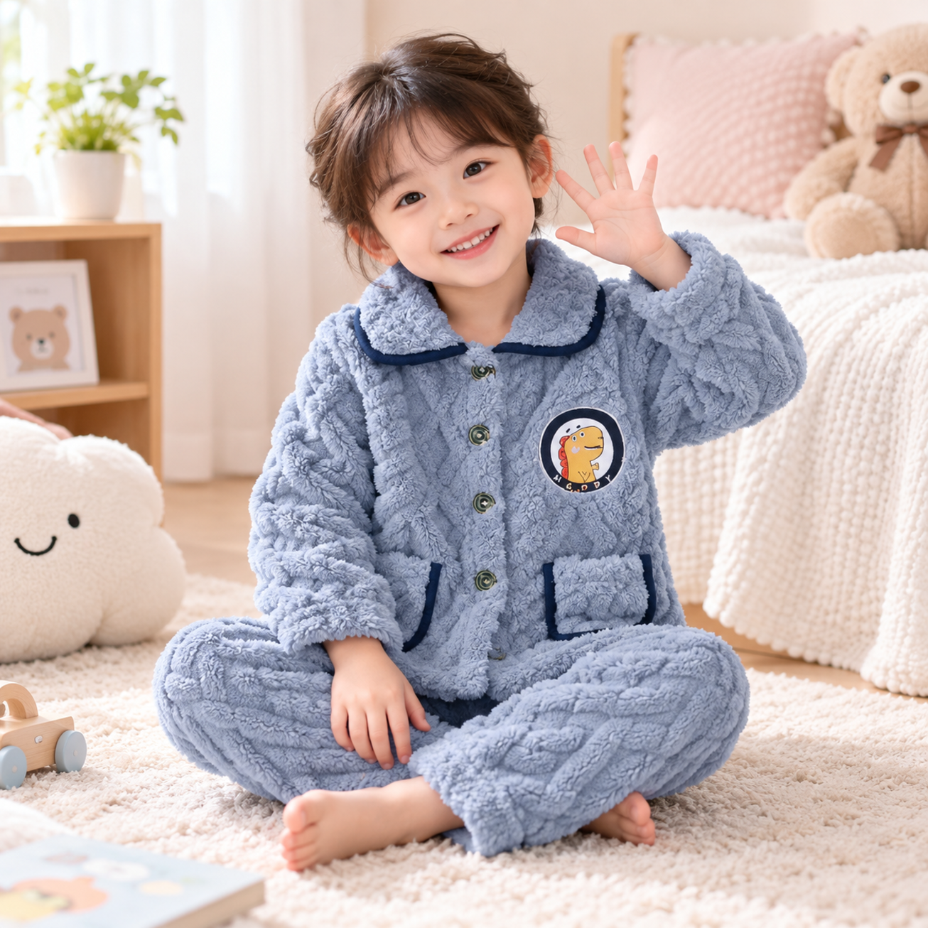 木木屋(mumuwu)儿童法兰绒睡衣秋冬季男童女童加绒加厚宝宝小童珊瑚绒 浅蓝色【绒套装】 80码【建议70-80cm】